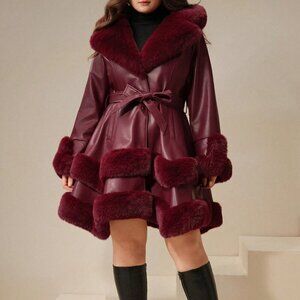 Burgundy Elegant Women's Fluffy Furry Jacket